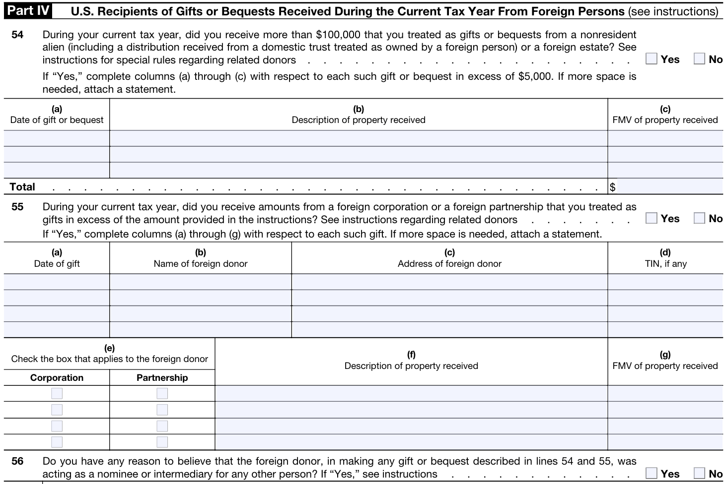 Screenshot of Part IV: Receipt of Certain Foreign Gifts of Form 3520.