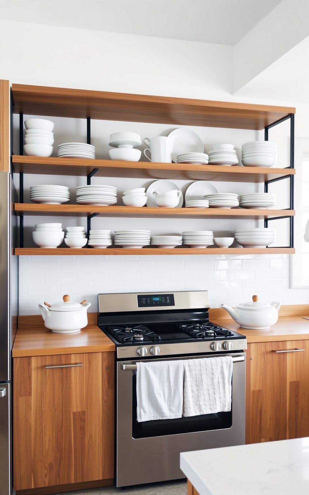 Modern open kitchen shelving with organized dishes