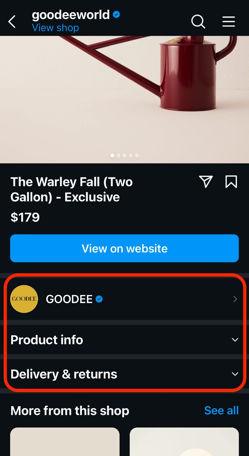 Example of a product detail page on Instagram Shop