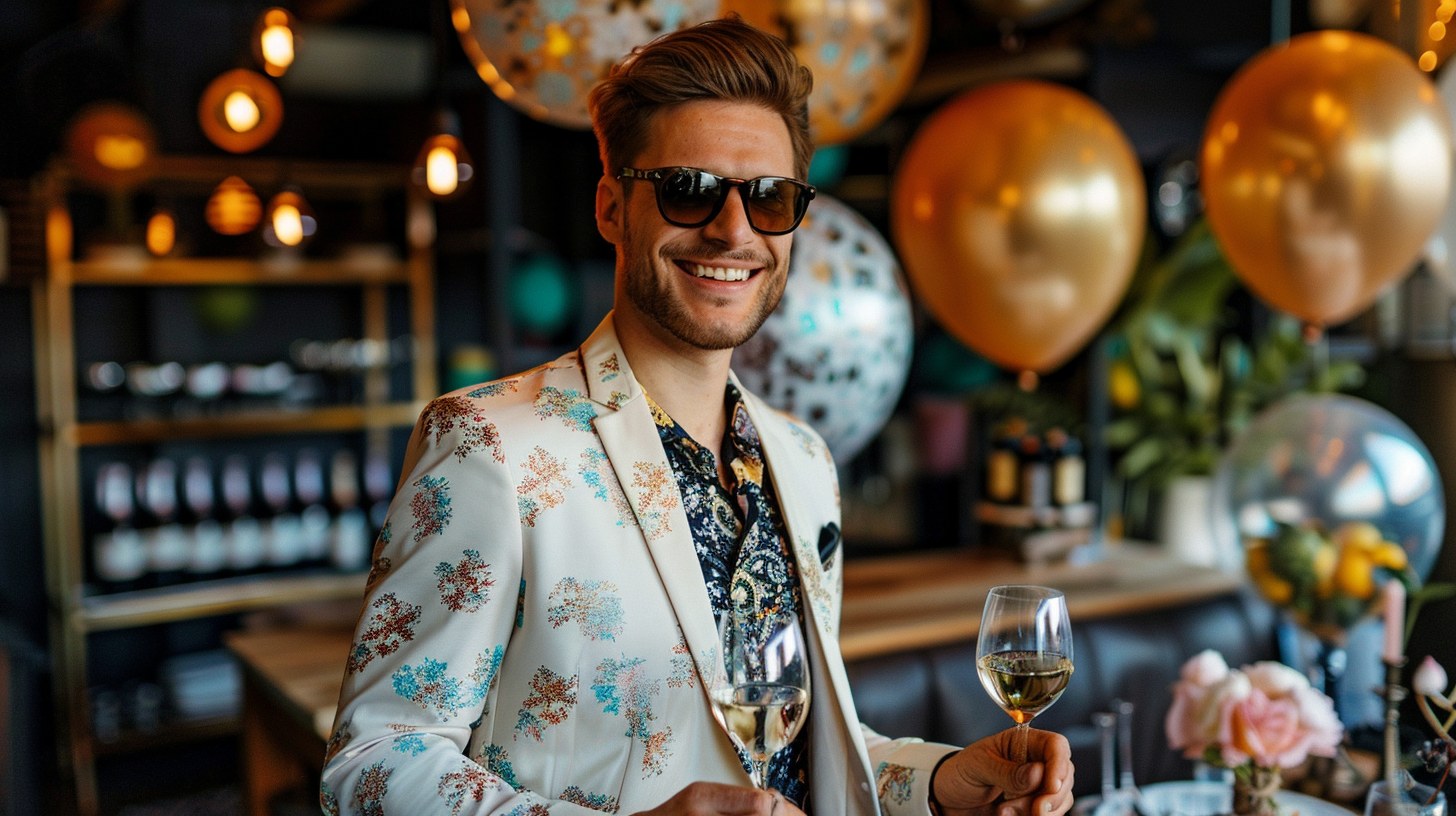 A man dressed to impress at a birthday party, wearing a stylish yet comfortable outfit that fits the party vibe. His look is balanced--eye-catching but not over the top--perfect for brunch or a night out. The setting shows festive decorations with subtle elegance, capturing a lively and joyful atmosphere. The outfit blends casual and glam with ease, matching the celebration’s mood.