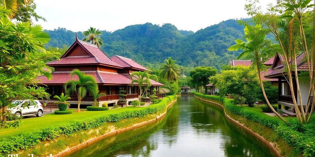 Traditional Thai house by a tranquil waterway.