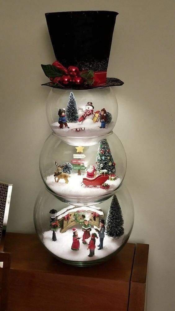 Whimsical Snowman Terrarium with Miniature Holiday Scenes