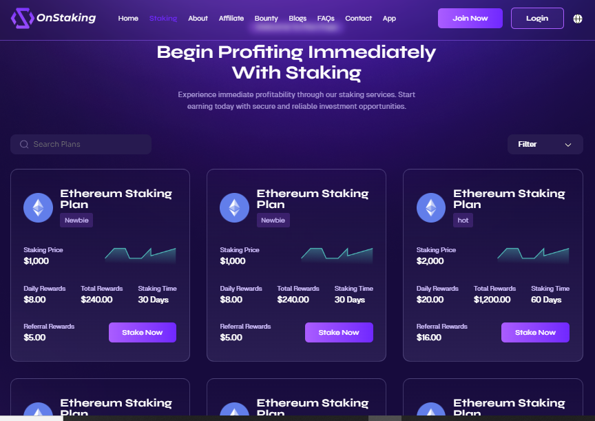 OnStaking user interface