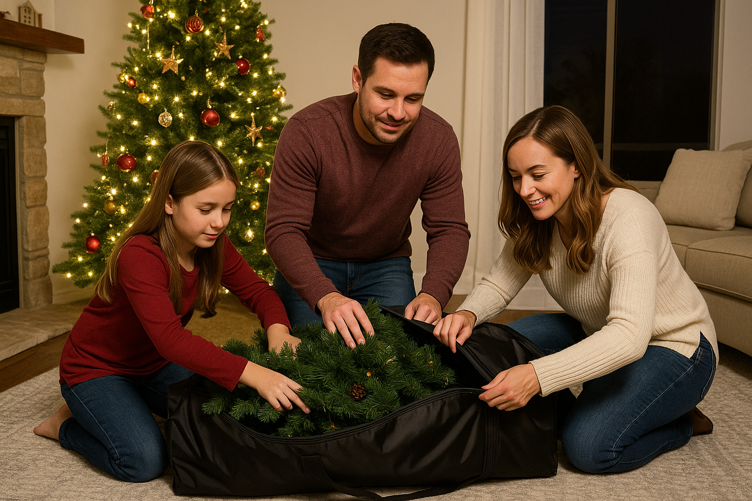 Family carefully storing an artificial Christmas tree in a durable zip-up bag.