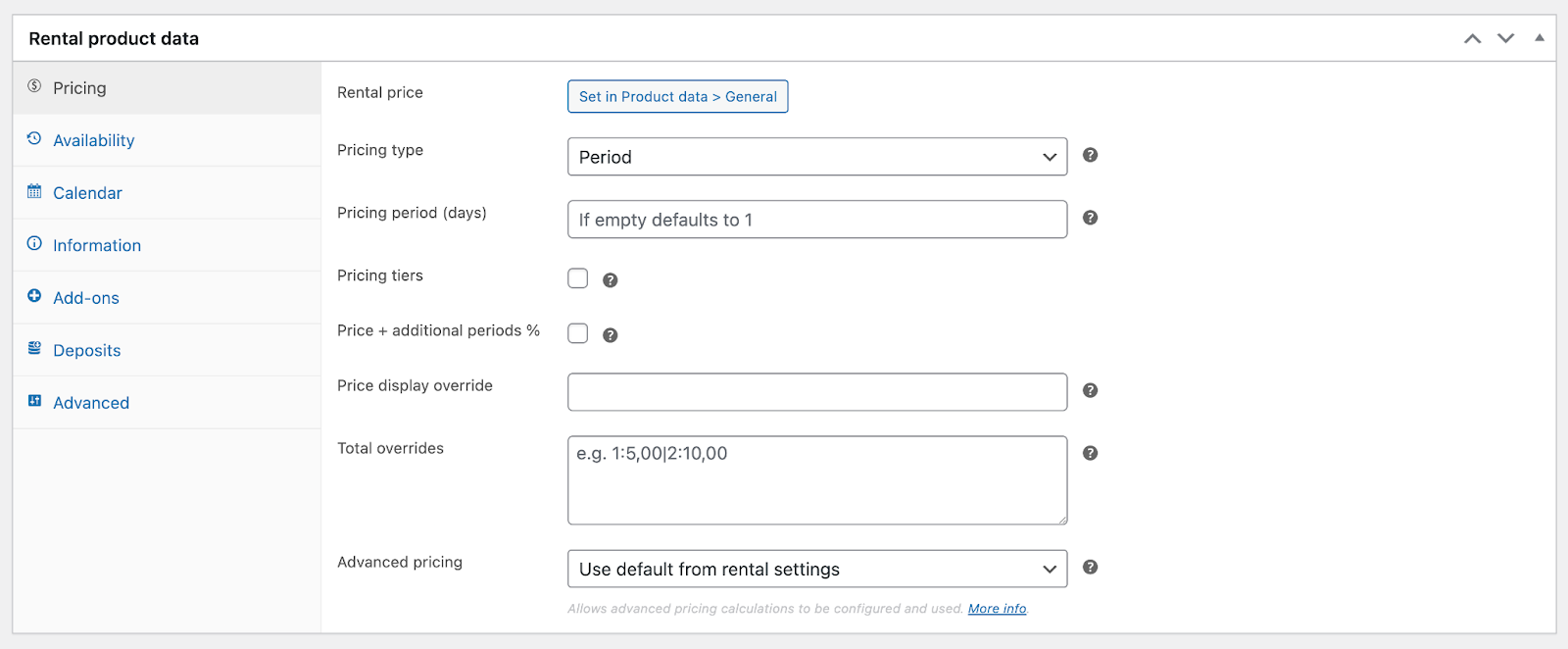 Configuring rental product options via the Rental product data metabox