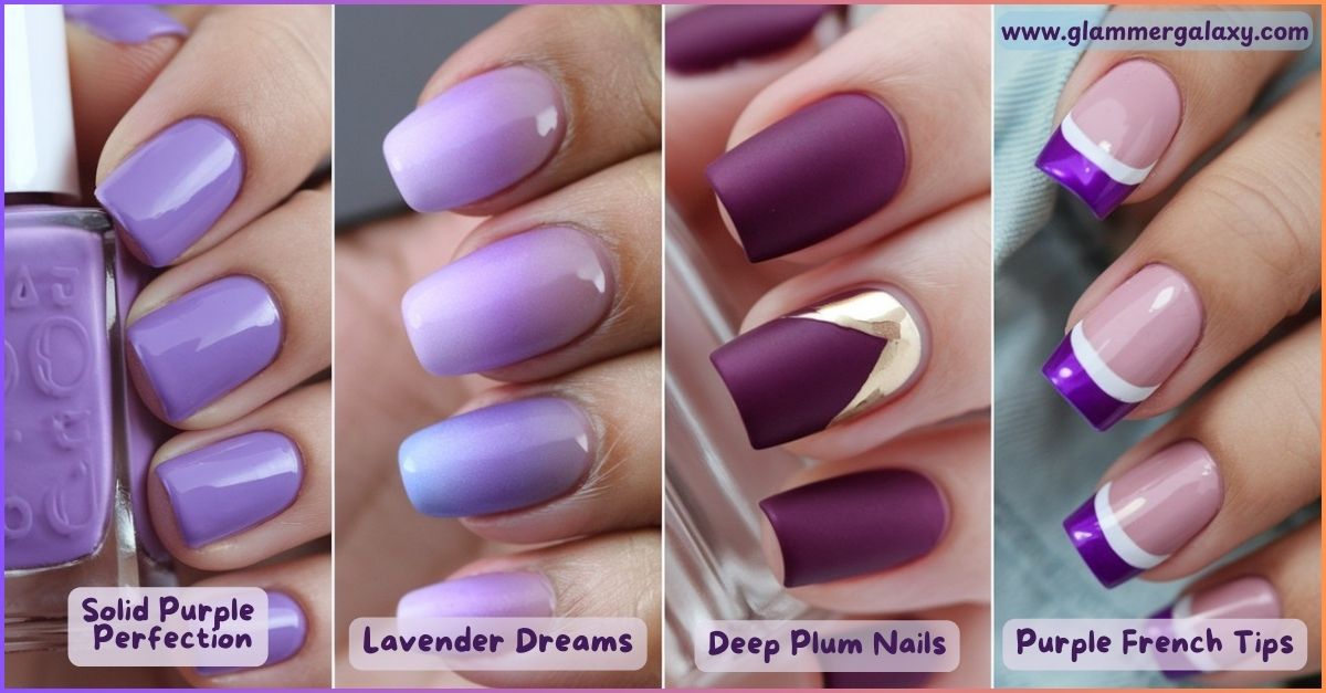 Various styles of classic purple nail designs displayed, including solid, lavender, plum, and French tips.