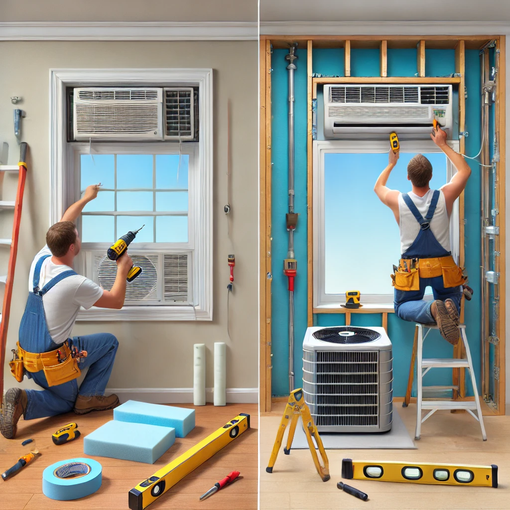 Chart listing ideal conditions for window ACs (renters, small rooms) and wall ACs (homeowners, long-term use).