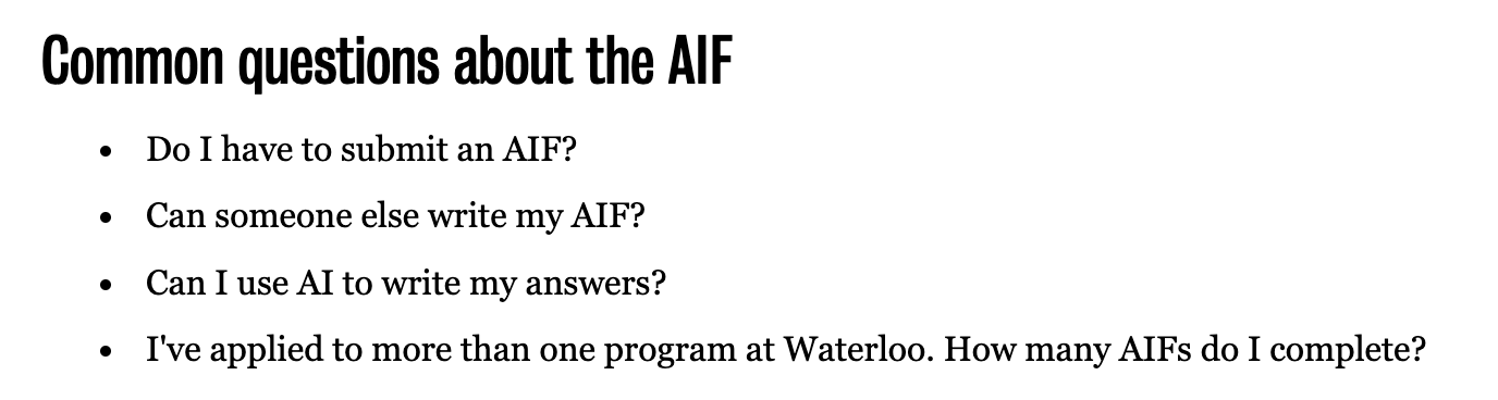 University of Waterloo Admission Information Form (AIF) Questions