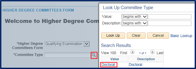 "Doctoral" value chosen from "Committee Type" lookup.