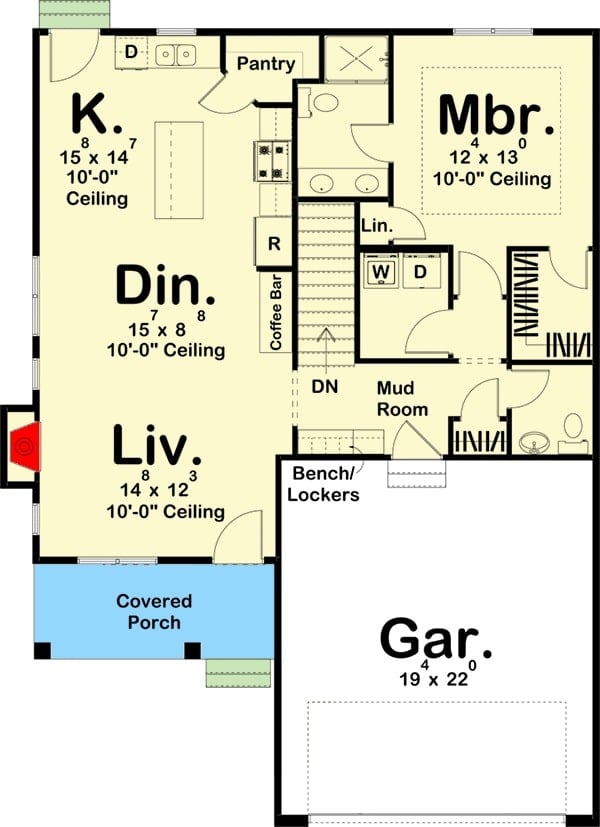 Main level floor plan of a single-story 1-bedroom craftsman farmhouse with an entry porch, living room, dining area, kitchen, primary bedroom, and a mudroom that leads to the double garage.