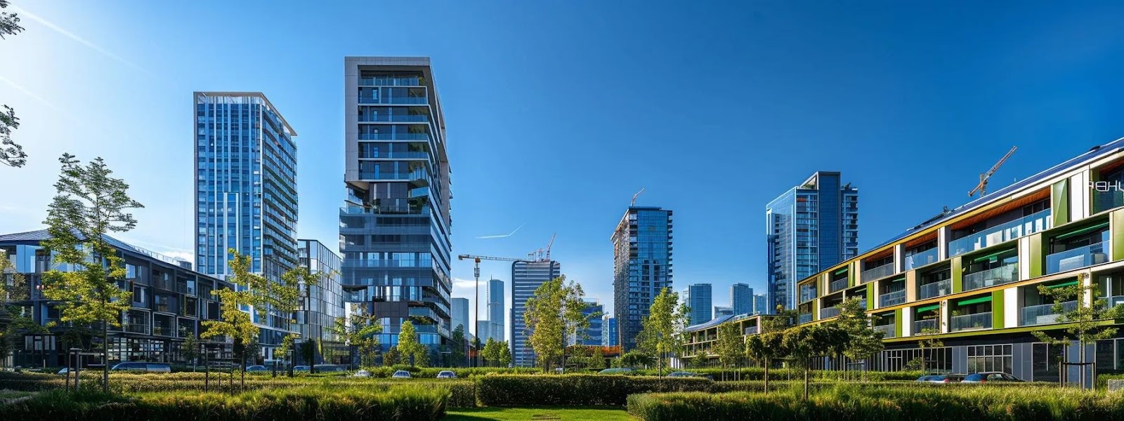 Modern eco-friendly buildings with greenery and urban landscape, showcasing sustainable architecture in a vibrant city setting.
