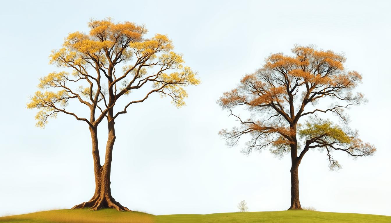 Two trees standing tall and firm amidst the changing seasons. One tree symbolizing patience with its deep roots and steady growth, while the other tree represents persistence with its unwavering commitment to reaching towards the sky despite obstacles. The two trees stand side by side, each complementing the other in their shared journey.