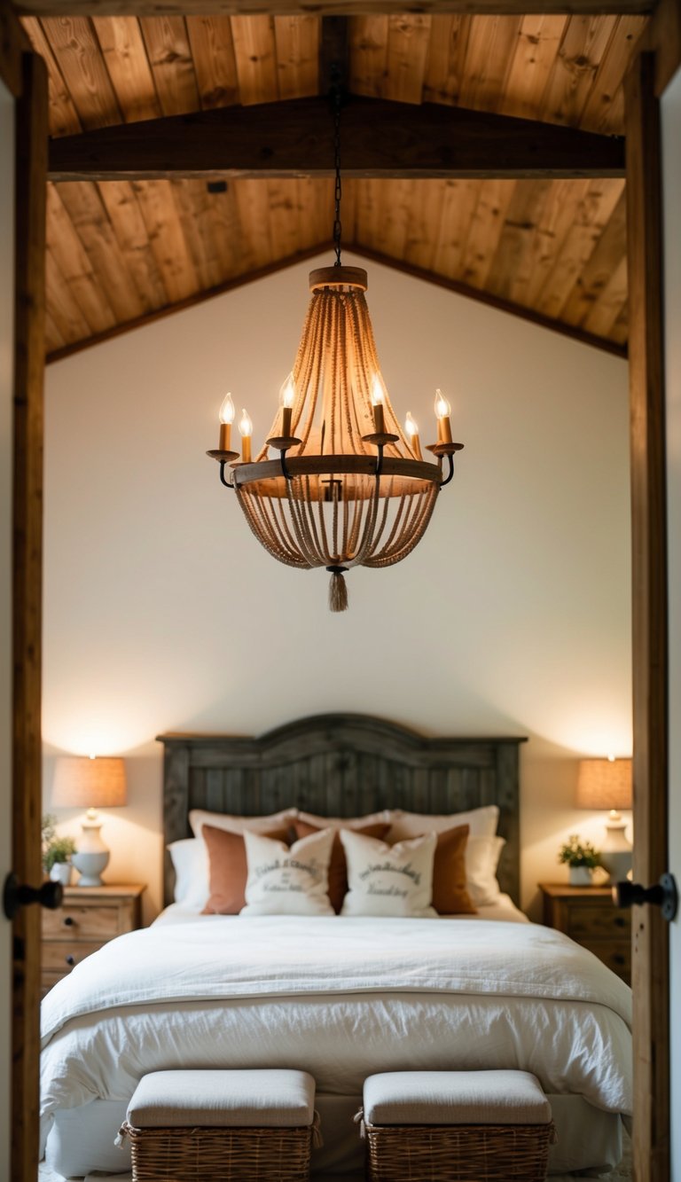 A cozy farmhouse bedroom with a rustic chandelier hanging from the wooden ceiling, casting a warm glow over the room's charming decor