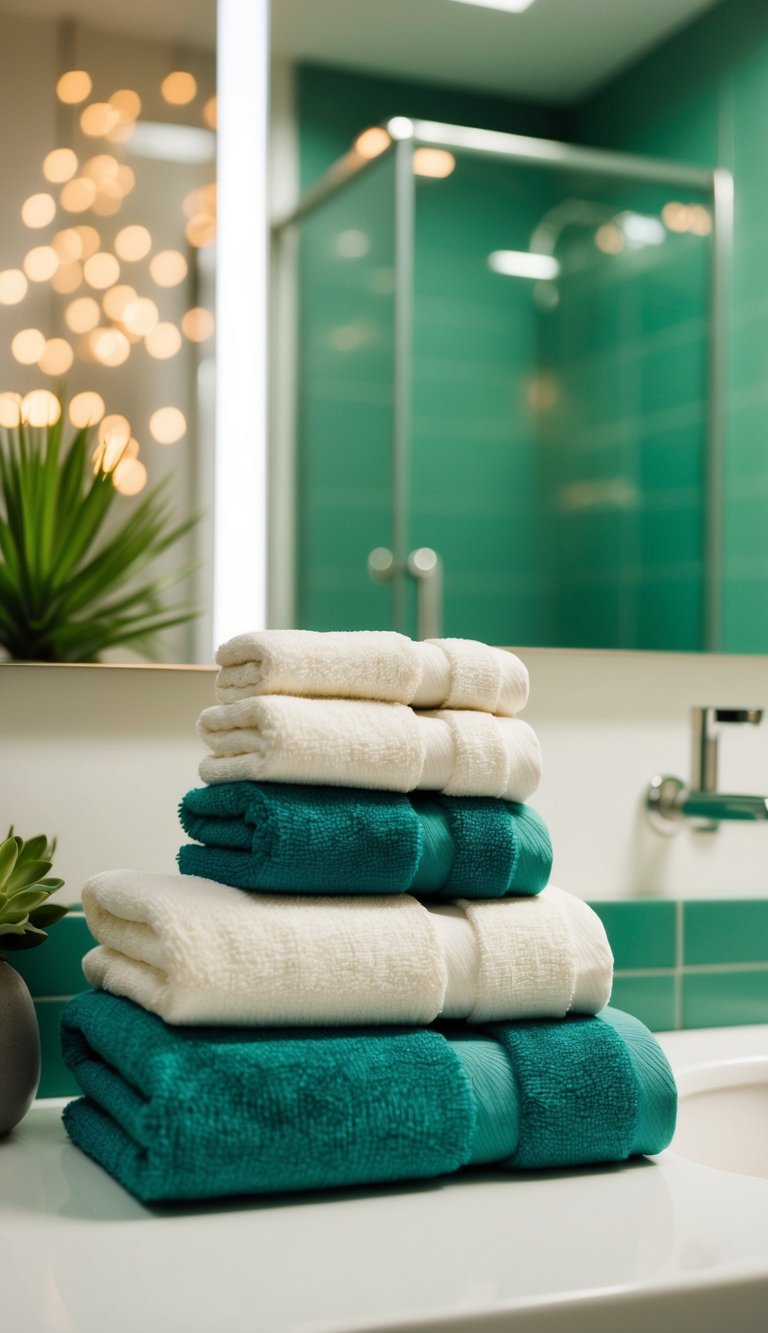 A stack of organic cotton bath towels in a bathroom with green accents