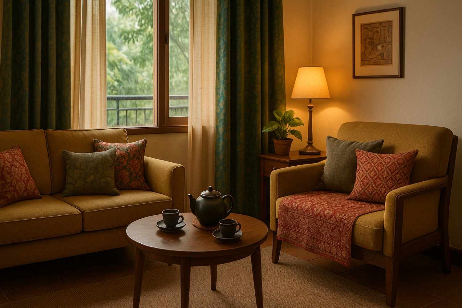 Intimate seating area with weather-resistant upholstery and warm lighting perfect for Bangalore's monsoon season