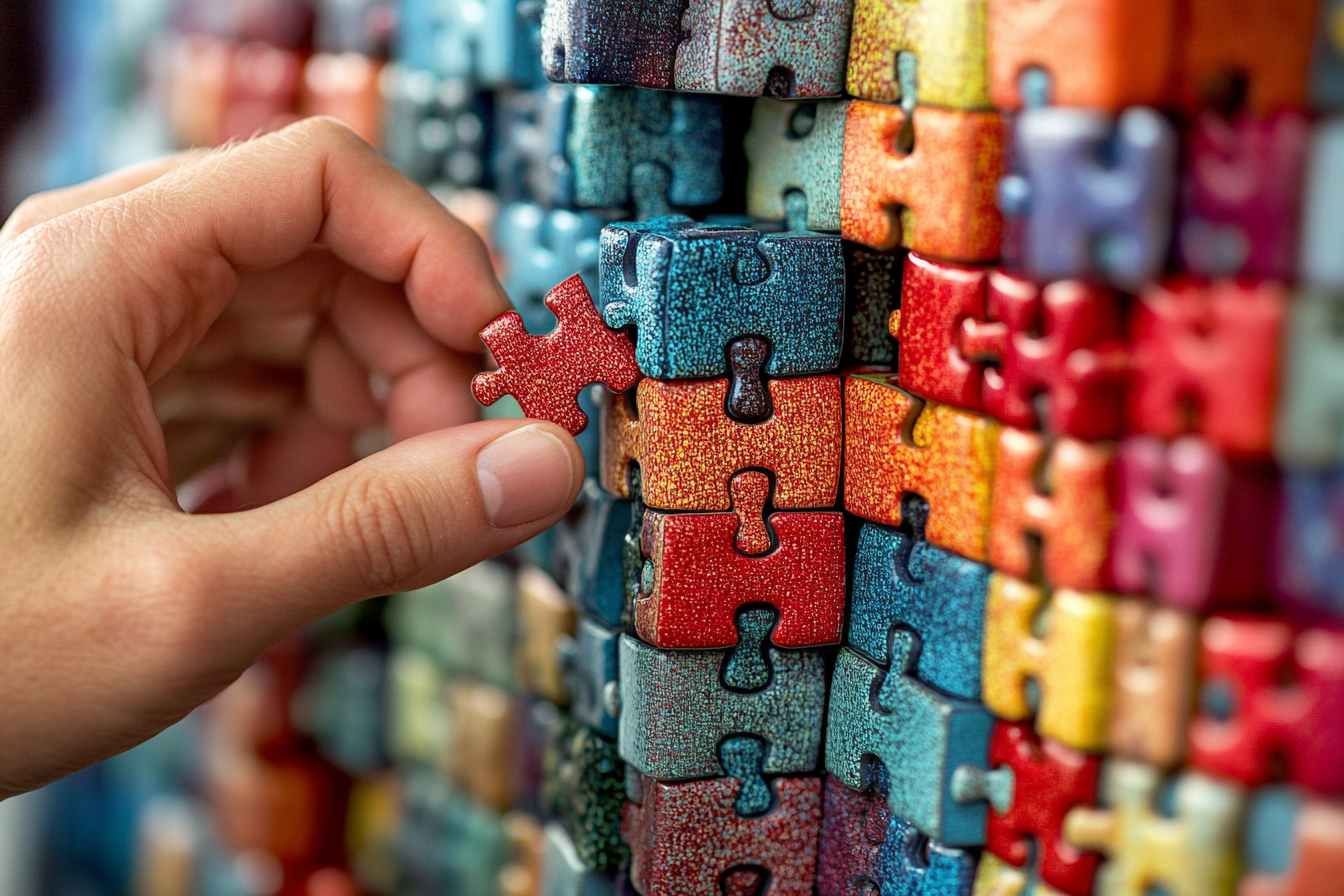 Executive leader assembling a colorful mosaic of puzzle pieces labeled with key sales traits like Communication Skills and Emotional Intelligence, symbolizing the evaluation of essential sales characteristics.