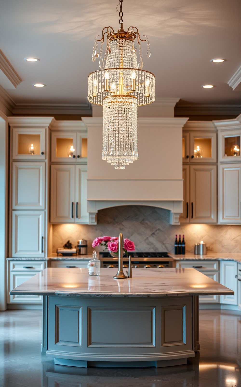 Elegant crystal chandelier over kitchen island