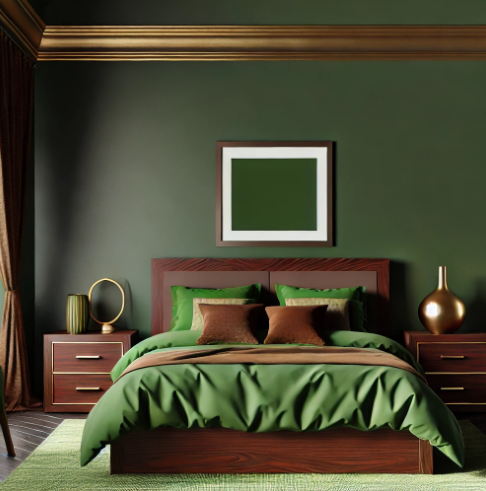 Bedroom designed with a secret garden theme, featuring bottle green and brown tones.
