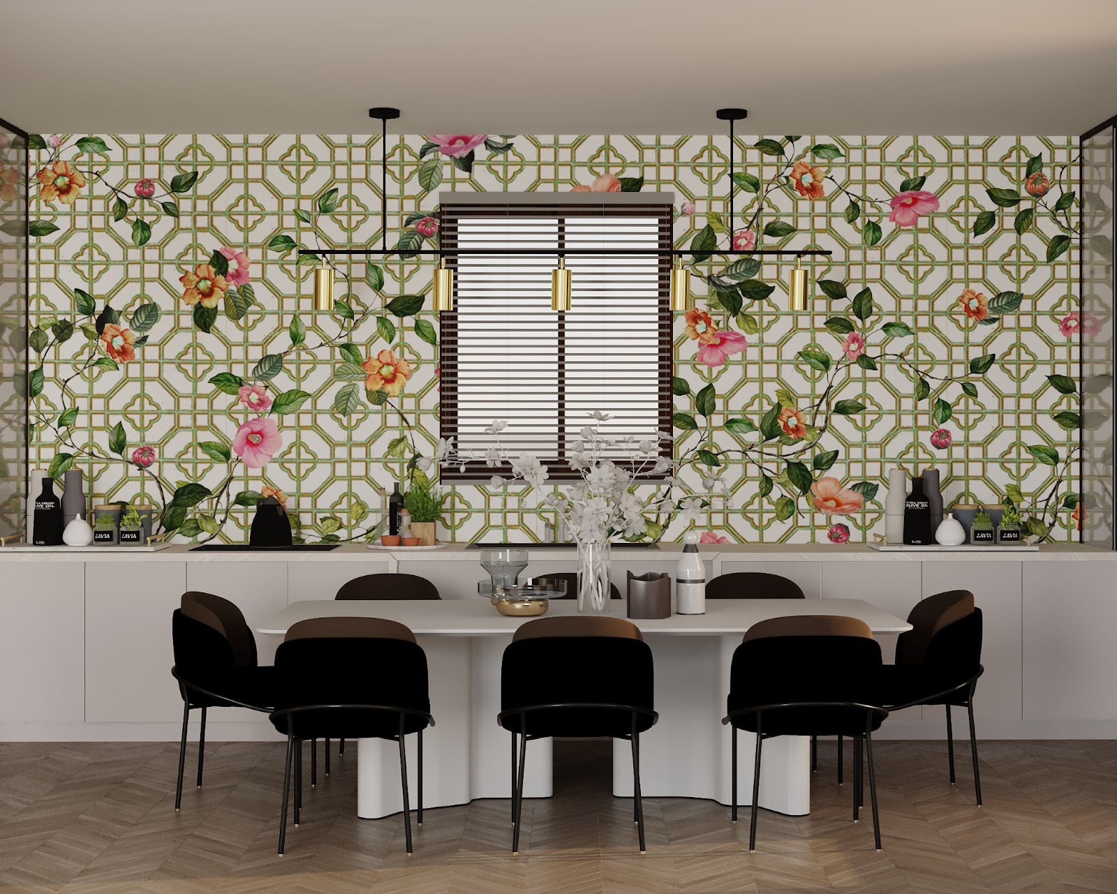 Peach colored flowers and foliage against a dark background mosaic wall art by MEC.