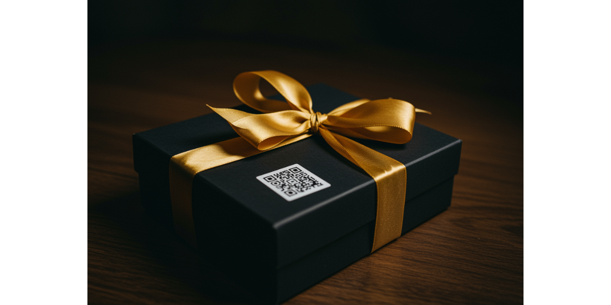 A QR Code sticker on a gift box. 