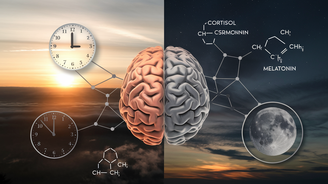 Create a realistic image of a split-screen composition showing a sunrise on one side and moonlight on the other, with an abstract representation of a brain in the center connected to symbolic clock icons showing morning and night times, chemical formulas for hormones like cortisol and melatonin floating in their respective sides, no people shown, soft lighting creating a scientific yet intimate atmosphere, neutral color palette with warm morning tones and cool evening hues.