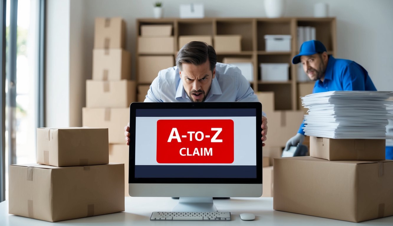 An angry seller looking at a computer screen with a red "A-to-Z Claim" notification while surrounded by stacked packages and a frowning delivery person