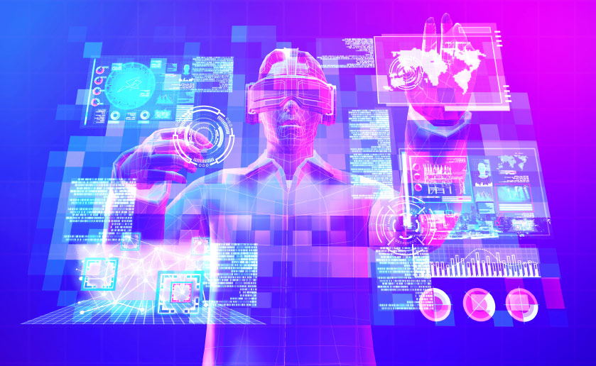 A digital illustration shows a person wearing virtual reality goggles and interacting with floating holographic interfaces, displaying various data visualizations, maps, and graphs.