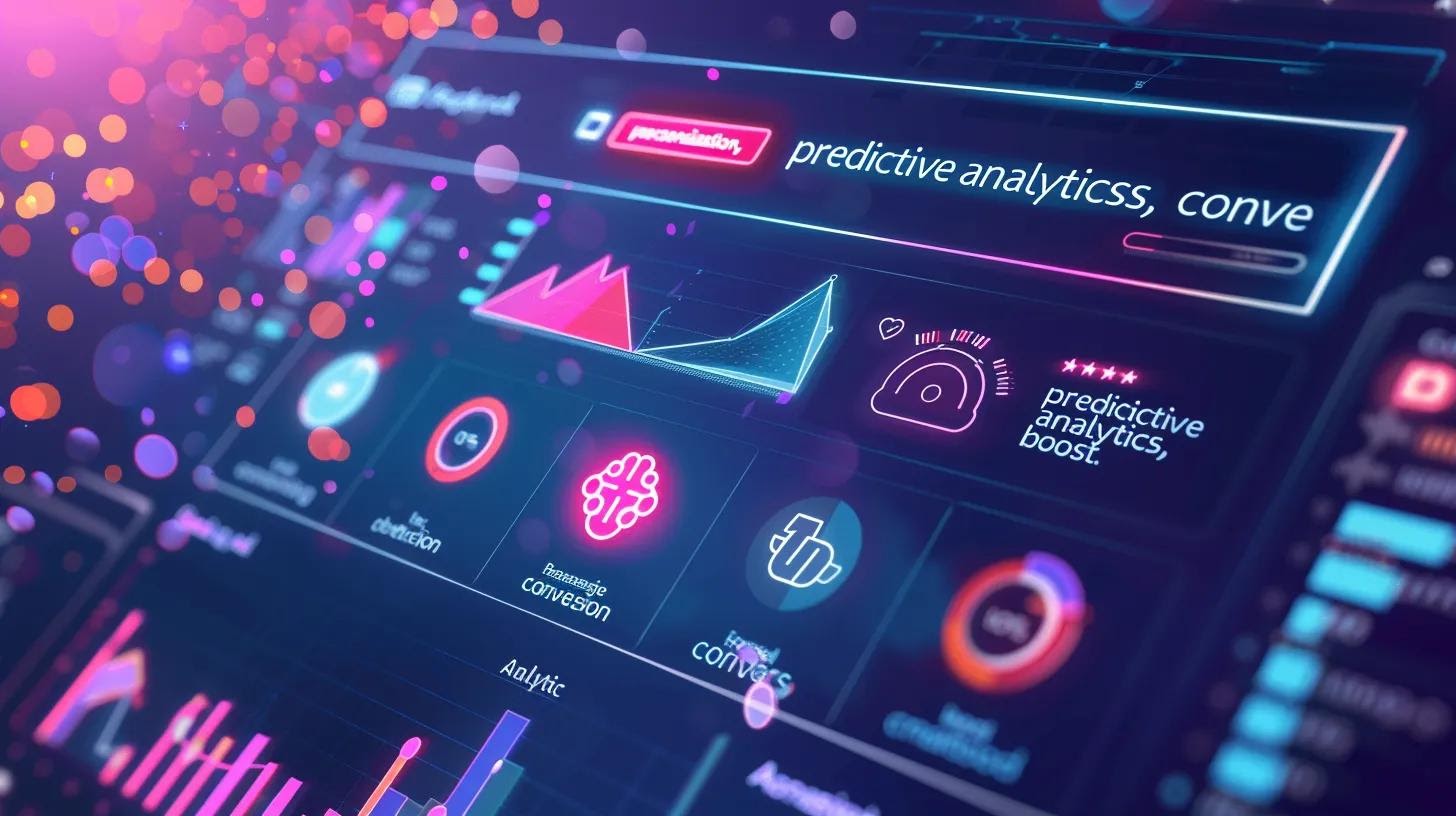 A digital dashboard mockup showing lead growth metrics with upward graphs, automation icons (gear, AI brain), and highlighted words like “personalization,” “predictive analytics,” and “conversion boost.”