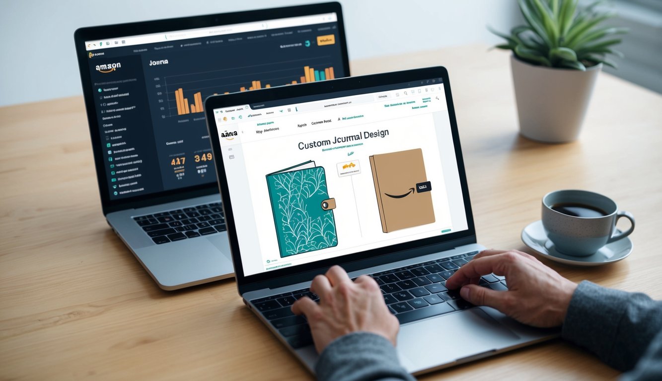 A person using a laptop to create a custom journal design on Canva, with Amazon's website open in the background showing sales data