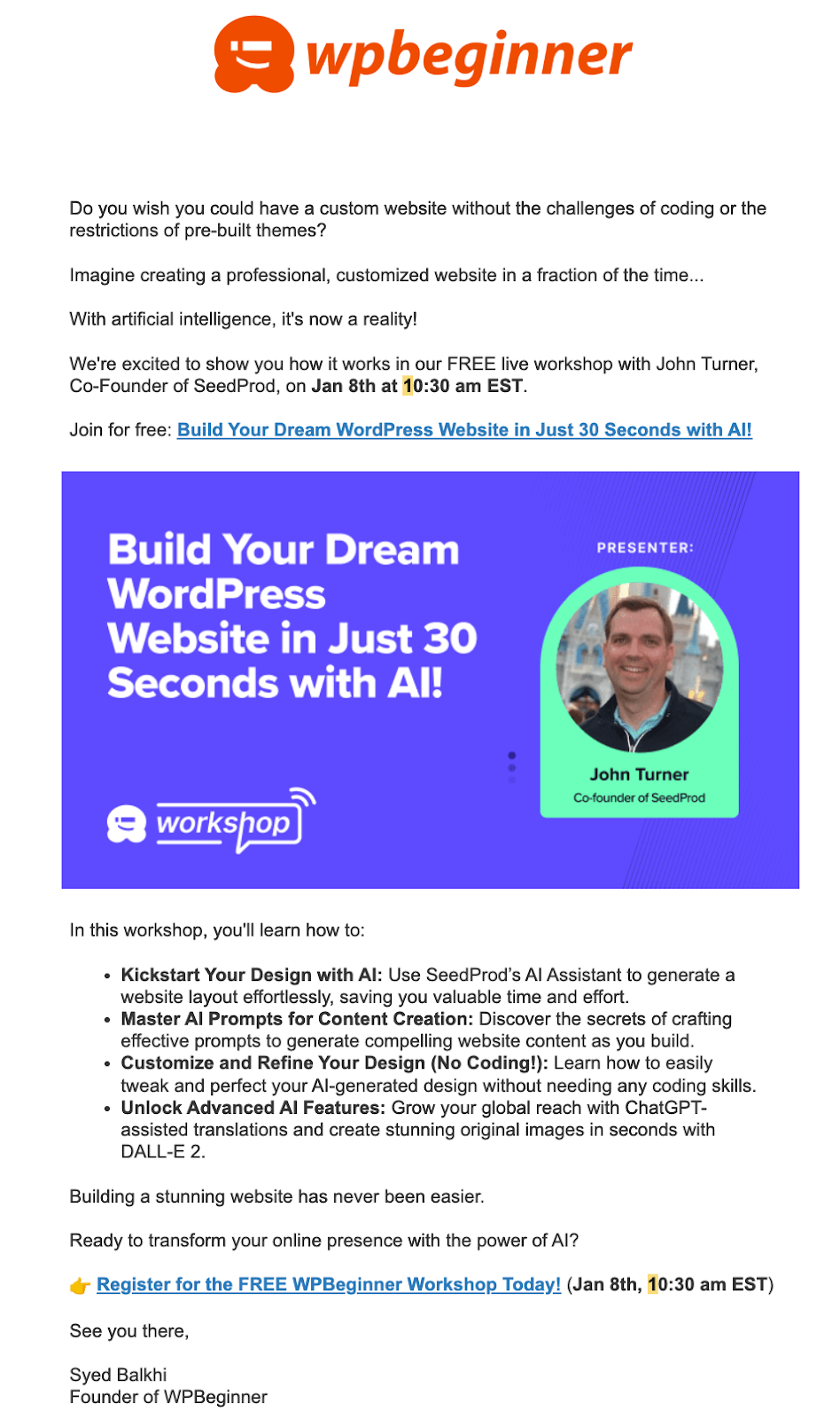 example of an email newsletter from wpbeginner sharing an upcoming event