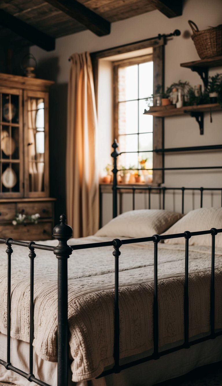 An antique iron bed frame sits in a rustic farmhouse bedroom, surrounded by vintage decor and warm, cozy textiles