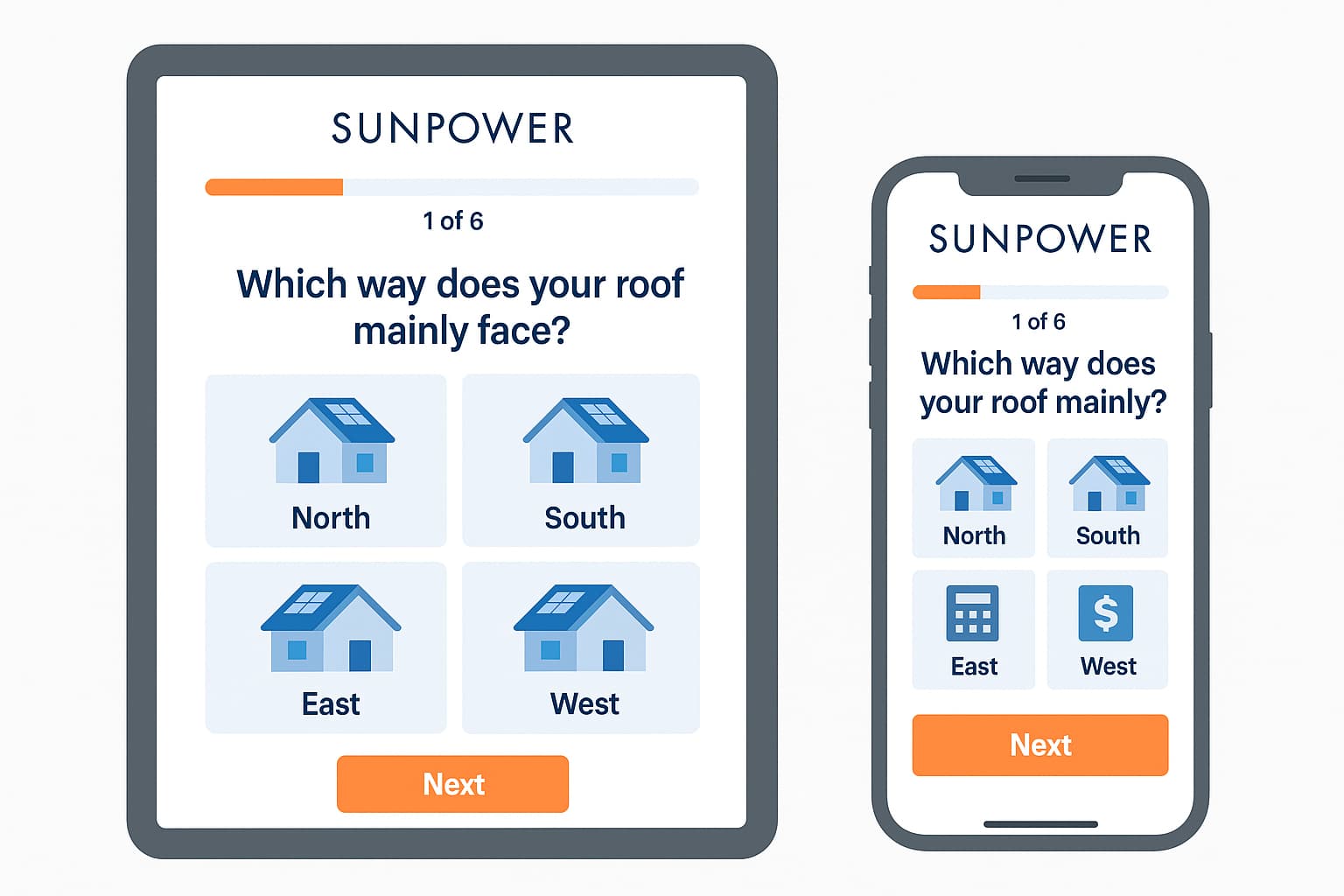 Professional solar quiz interface design showing mobile-responsive layout with progress indicators and clear navigation for optimal user experience.