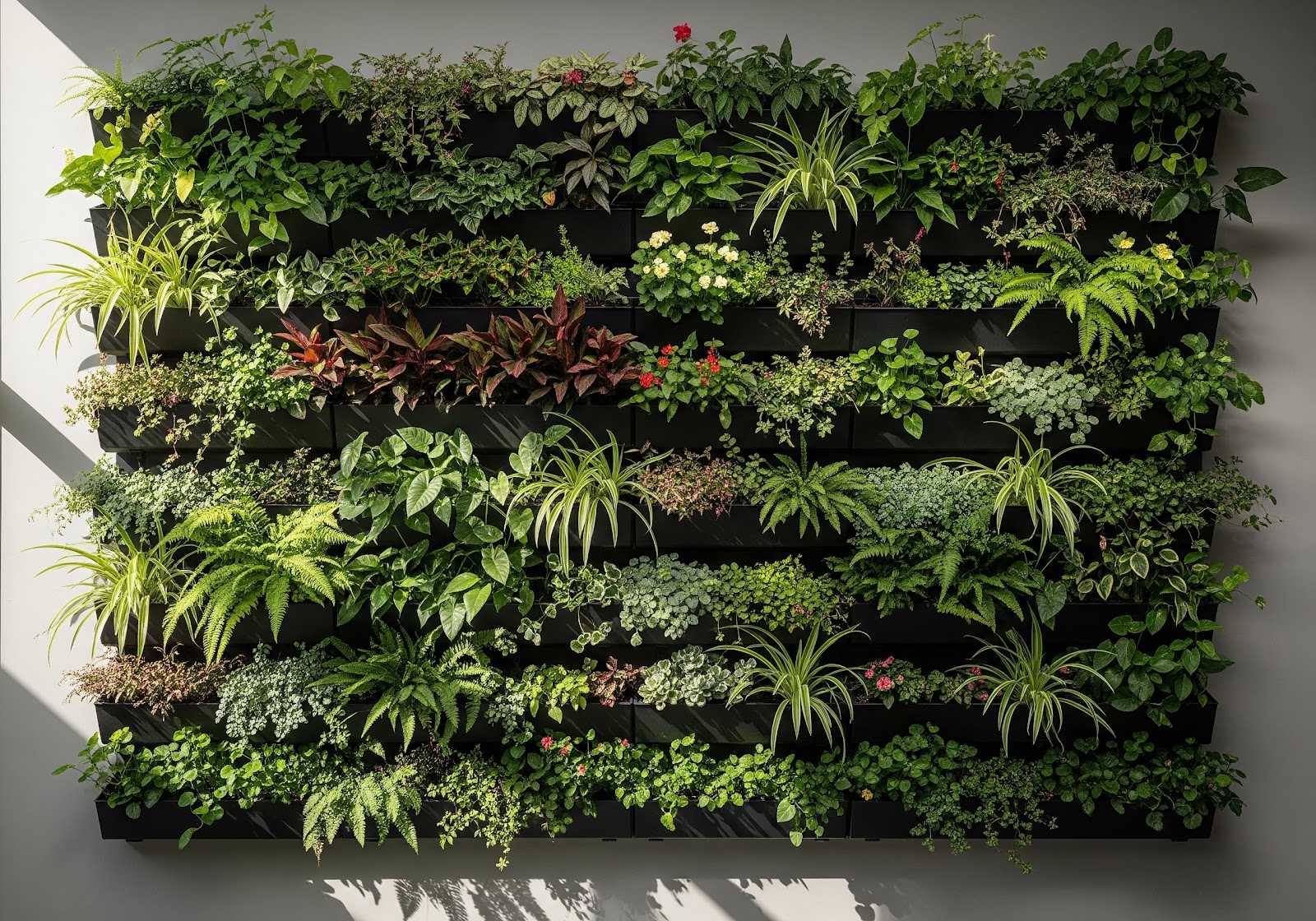 Um jardim vertical em uma parede, mostrando uma variedade de plantas em diferentes níveis e tipos de suportes.