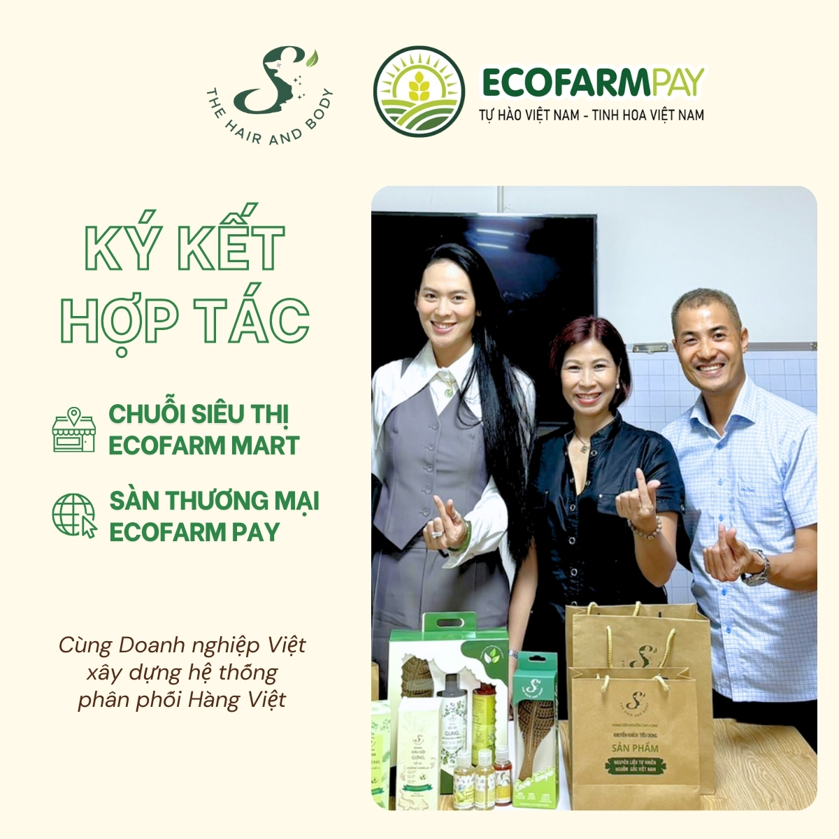 Ngày 10/09/2024, đại điện nhãn hàng S The Hair and Body, CEO and Founder Sang Lê có buổi trao đổi và đi đến kí kết hợp tác cùng Bà Bùi Tố Nga, PGĐ của ban quản lý dự án ECOFARM PAY và ECOMFARM MART