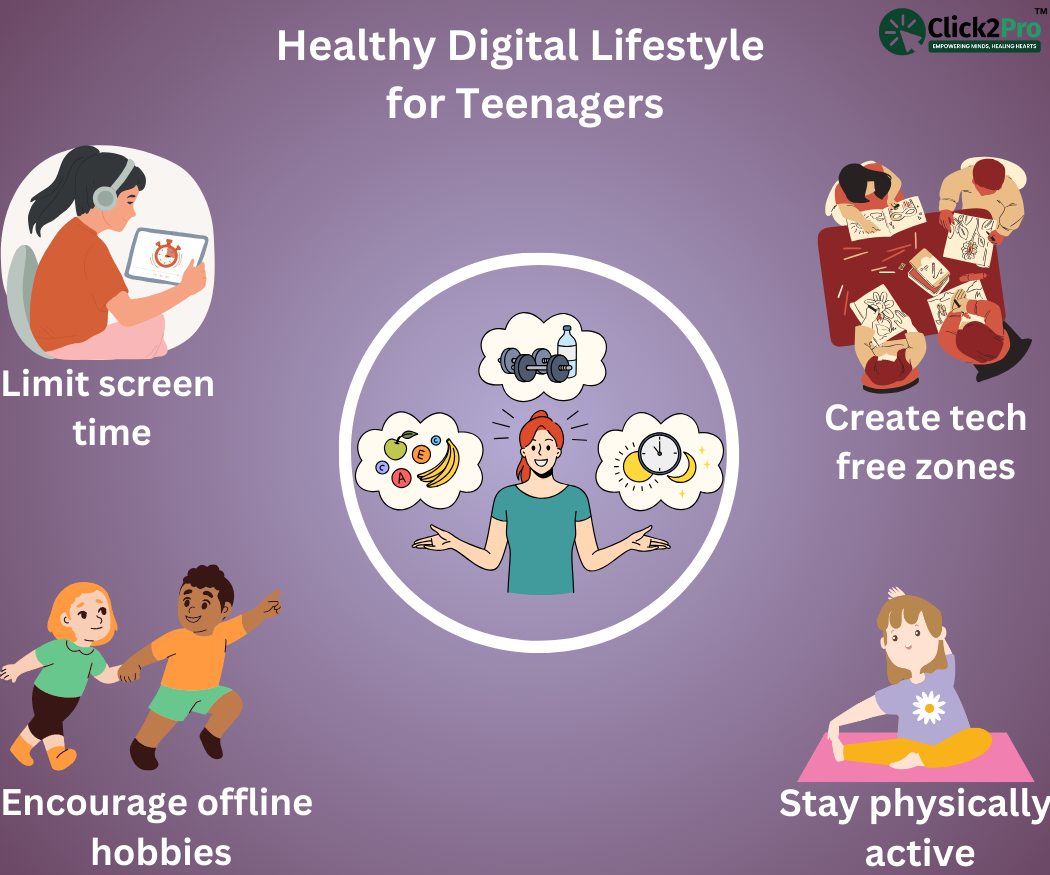 Tips for a healthy digital lifestyle for teens: limit screen time, hobbies, tech-free zones, stay active.