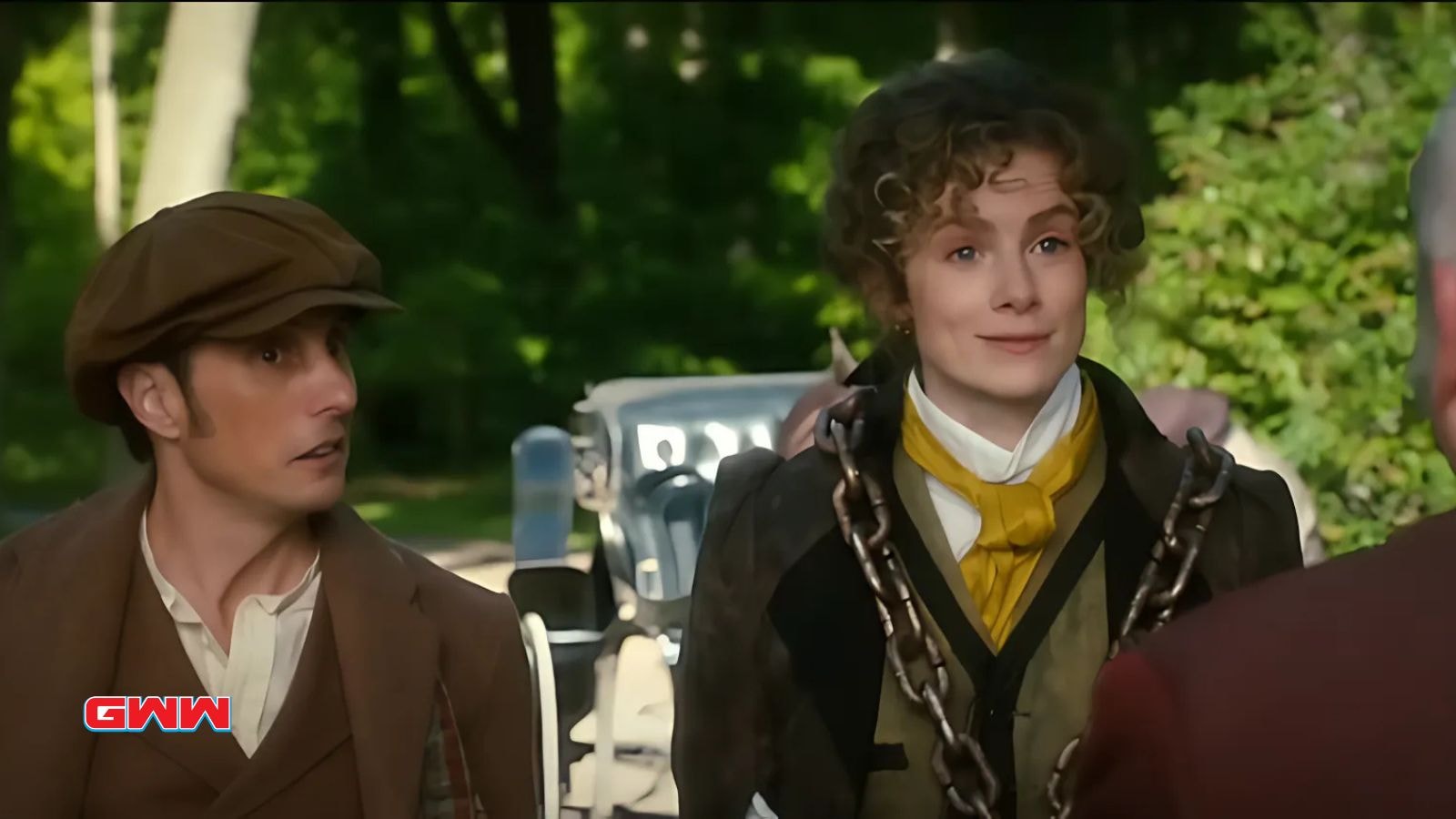 Helene Joy as Dr. Julia Ogden and Jonny Harris as Constable George Crabtree in Murdoch Mysteries Season 18