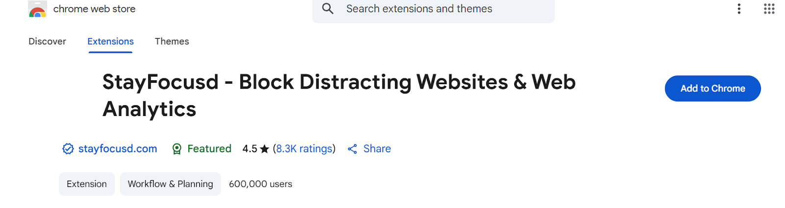 a screenshot of stayfocused with add to chrome button