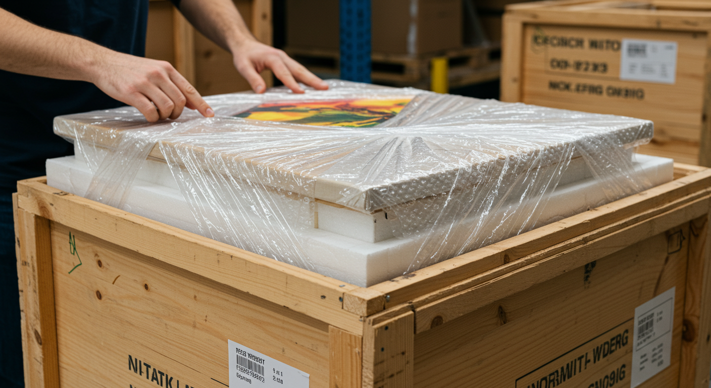 Painting packed in a wooden crate with foam corner protectors