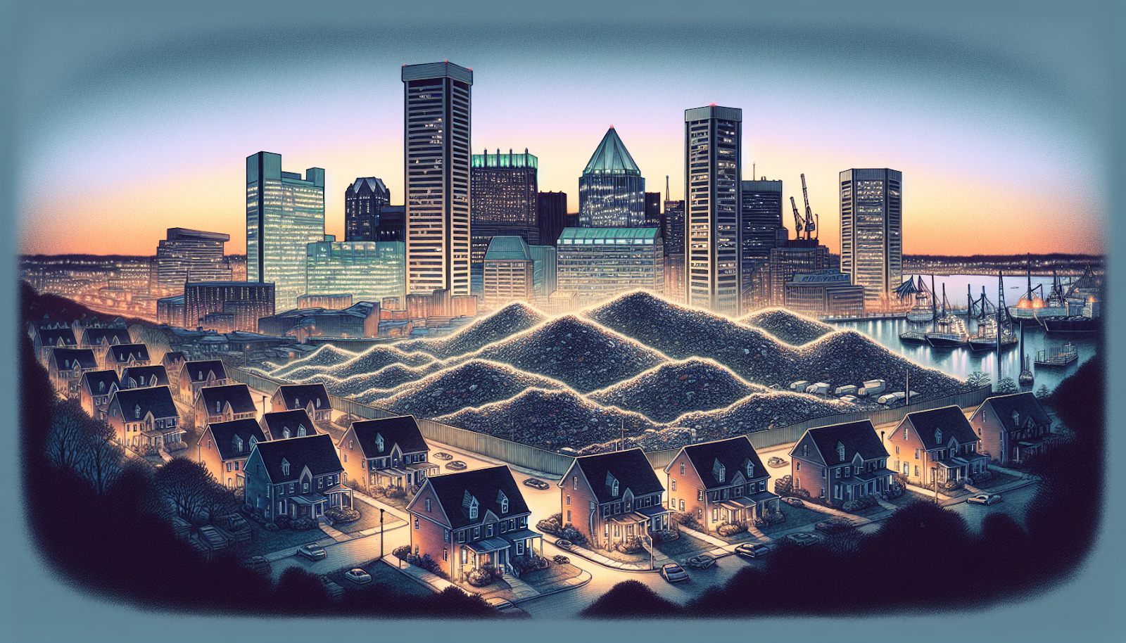 Illustration of Baltimore city skyline with landfills in the background