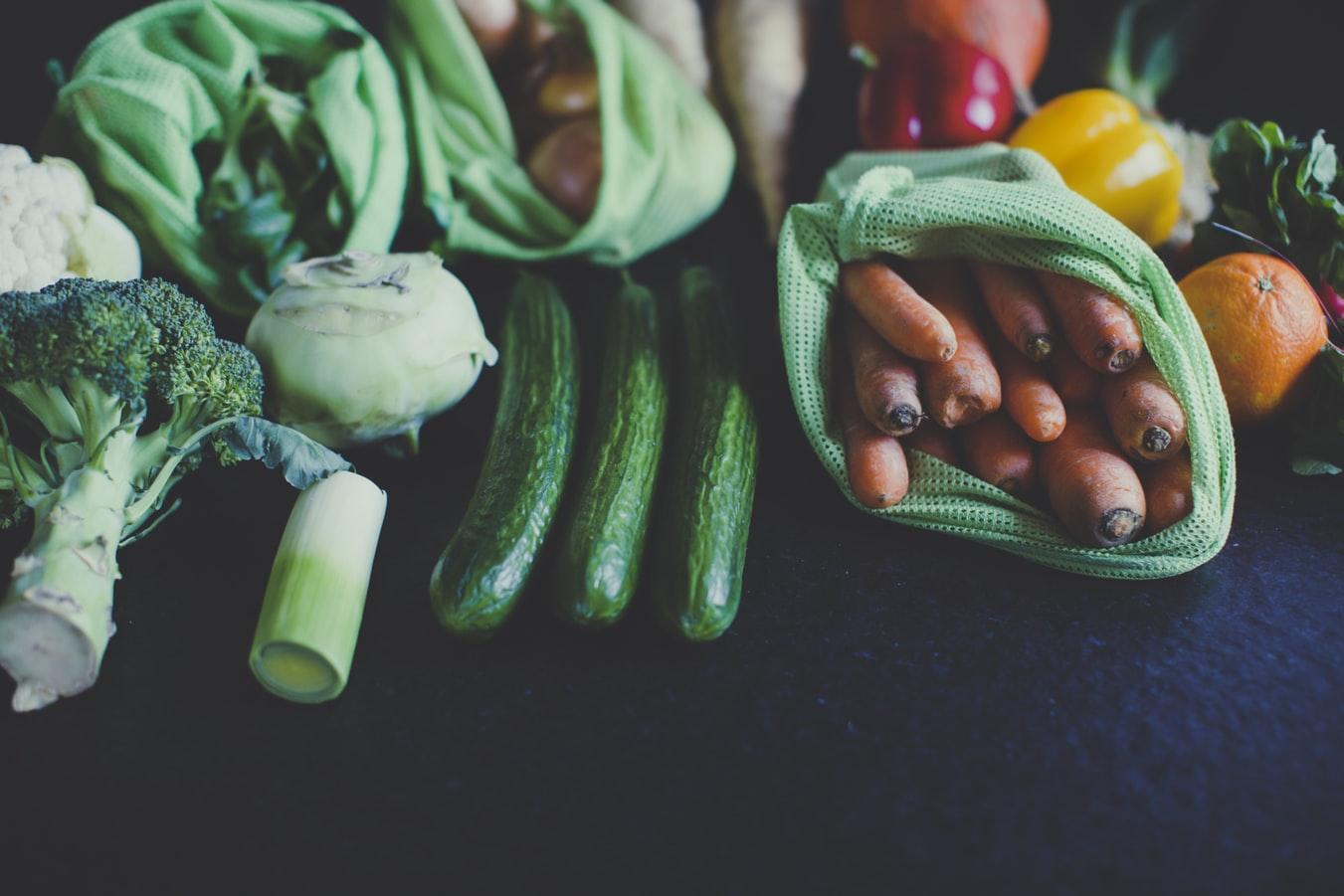 Fruits and vegetables placed on a table