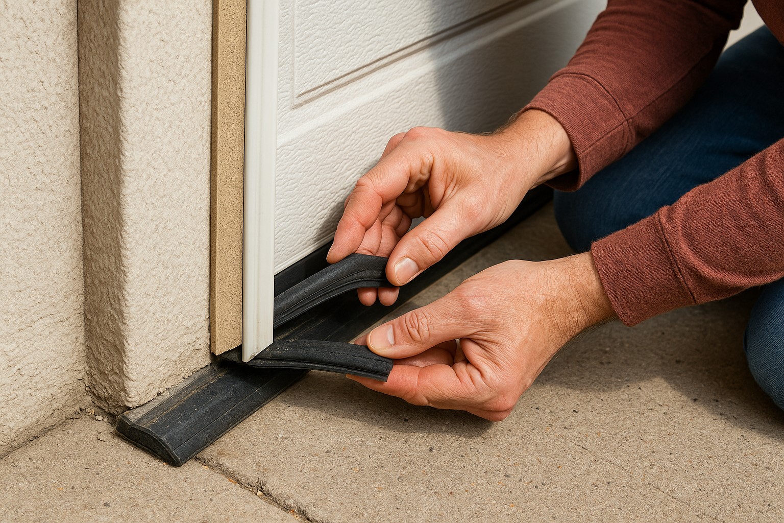Hands checking the bottom weather sealing of a garage door for proper fit and protection.