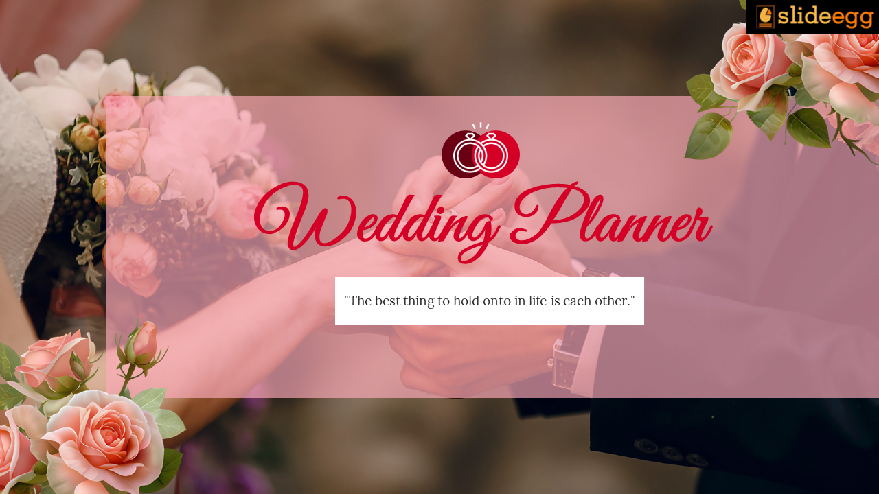 Wedding planner slide with roses, rings, and a romantic quote, capturing the essence of partnership.