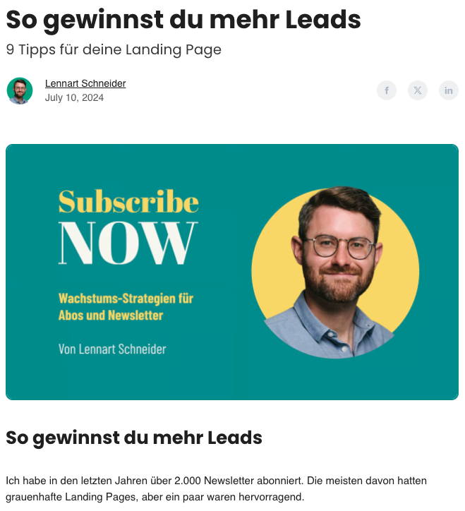 Wieder Lennart mit "Subscribe Now" in den Farben Gelb und Türkis. Screenshot seines Newsletters.