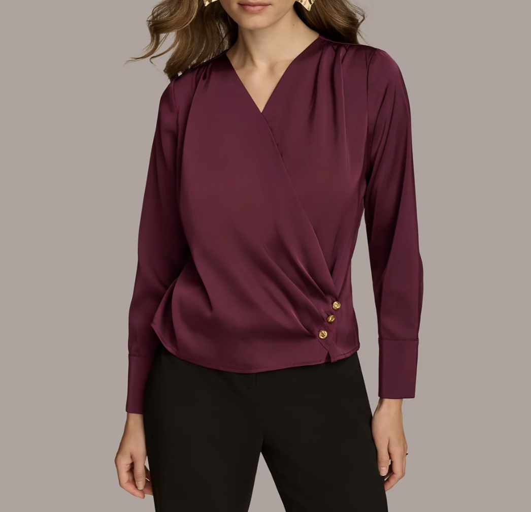 Donna Karan New York Long Sleeve Faux-Wrap Satin Blouse at Macy’s