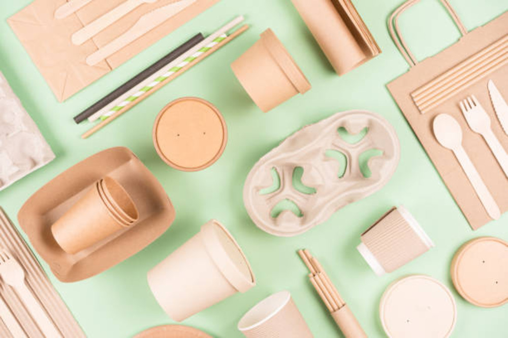 Various eco-friendly tableware and packaging items. 