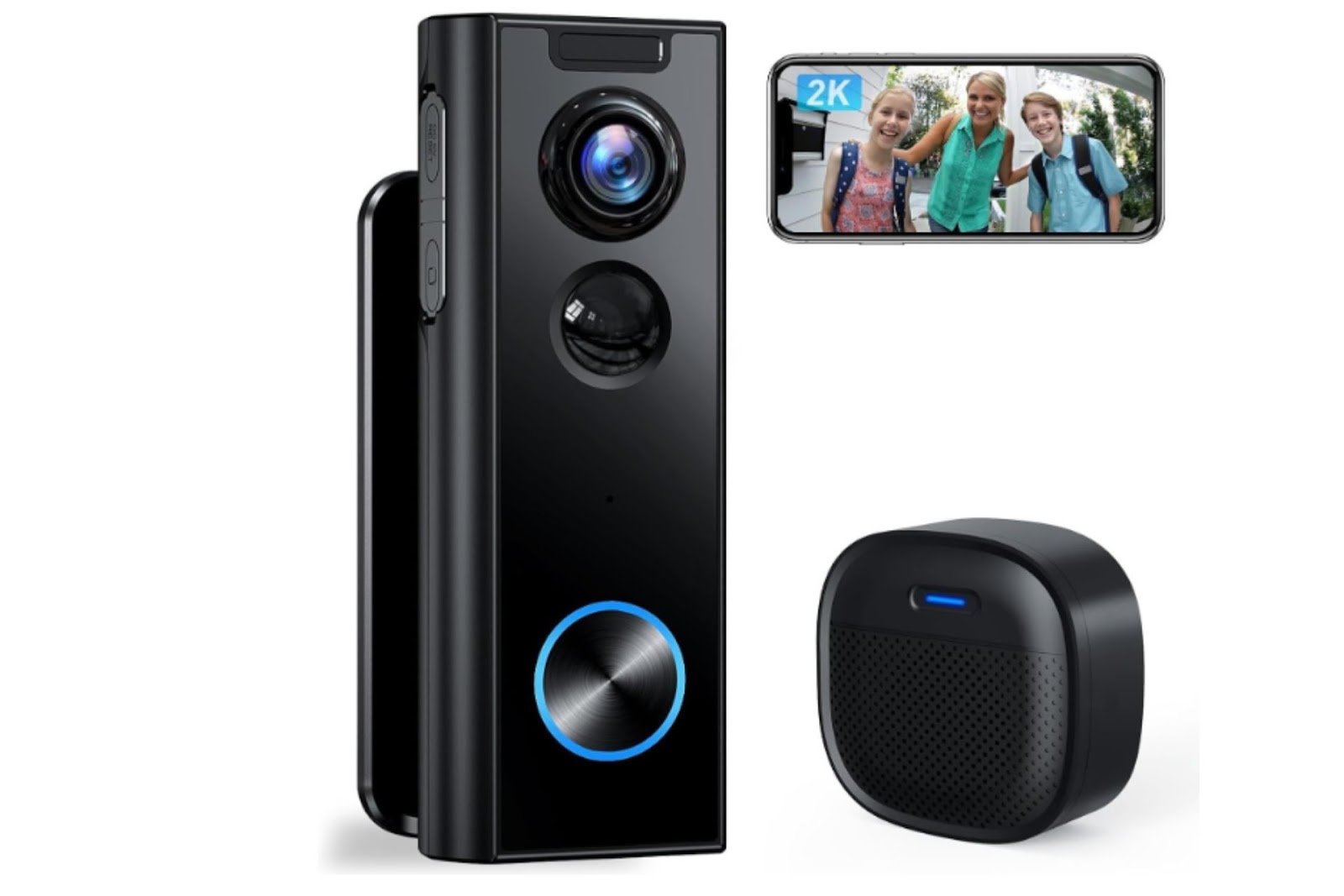 Black video doorbell camera with speaker and smartphone connection