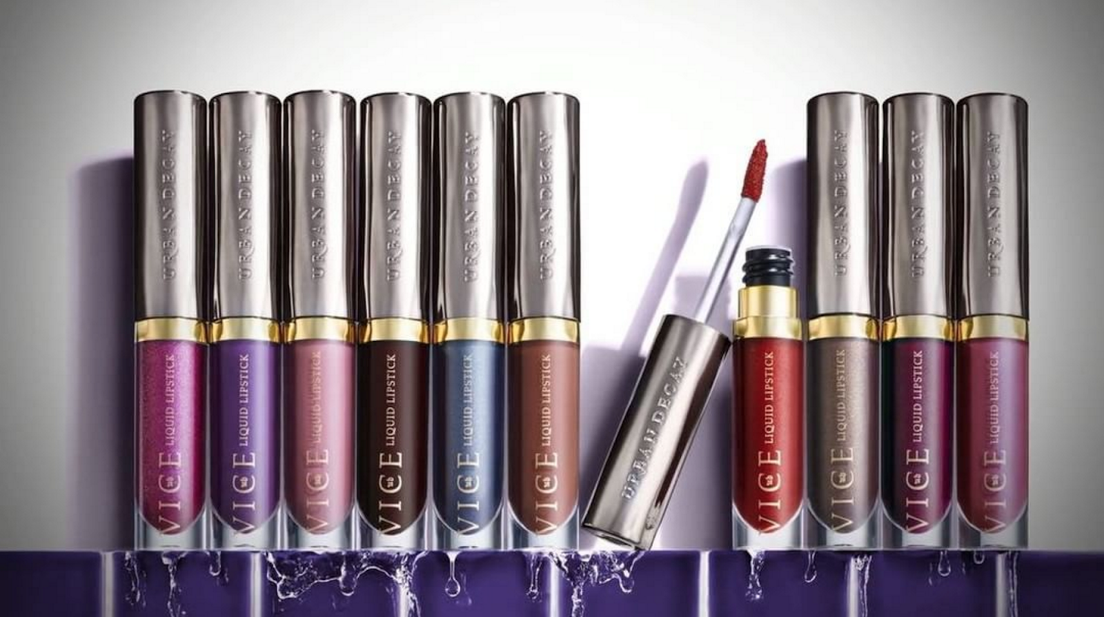 Urban Decay Vice Liquid Lipsticks in bold, edgy colors – a popular halal-friendly lipstick brand offering cruelty-free formulas.