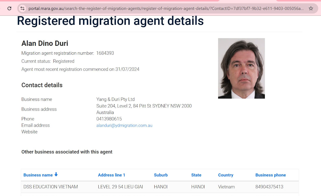 Thông tin của Ngài Alan Duri trên trang thông tin chính phủ Úc