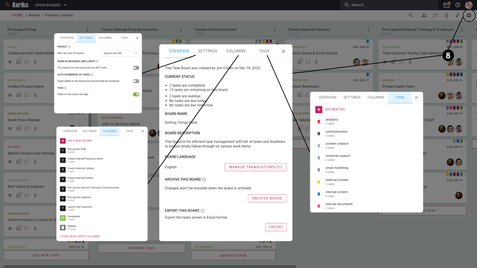 Kerika's board settings, offering ultimate control over every aspect of your product launch. This image displays the comprehensive options available, from managing privacy and work-in-progress limits, to customizing columns and tags, and reviewing progress. With Kerika, you can optimize the project management process and tailor it exactly to your team's needs.
