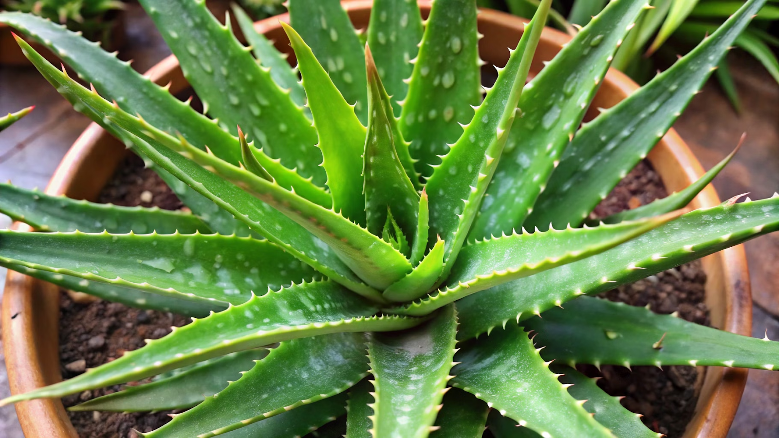 Aloe Vera com folhas verdes espessas e gel medicinal à vista.